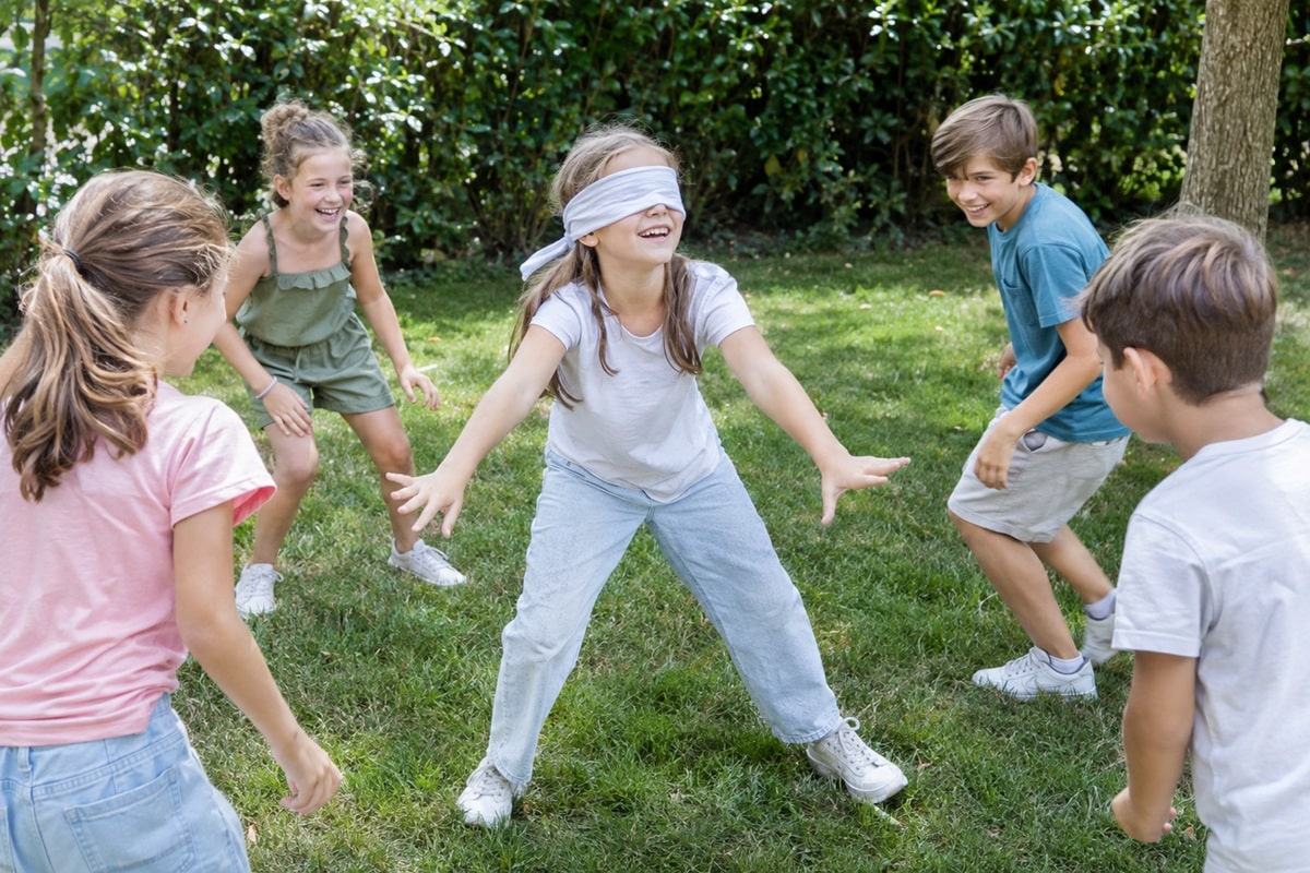 des enfants jouent à colin-maillard