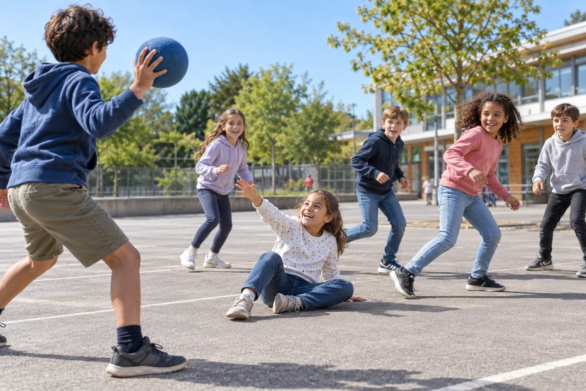 enfants jouant à la balle assise dans une cour d'école