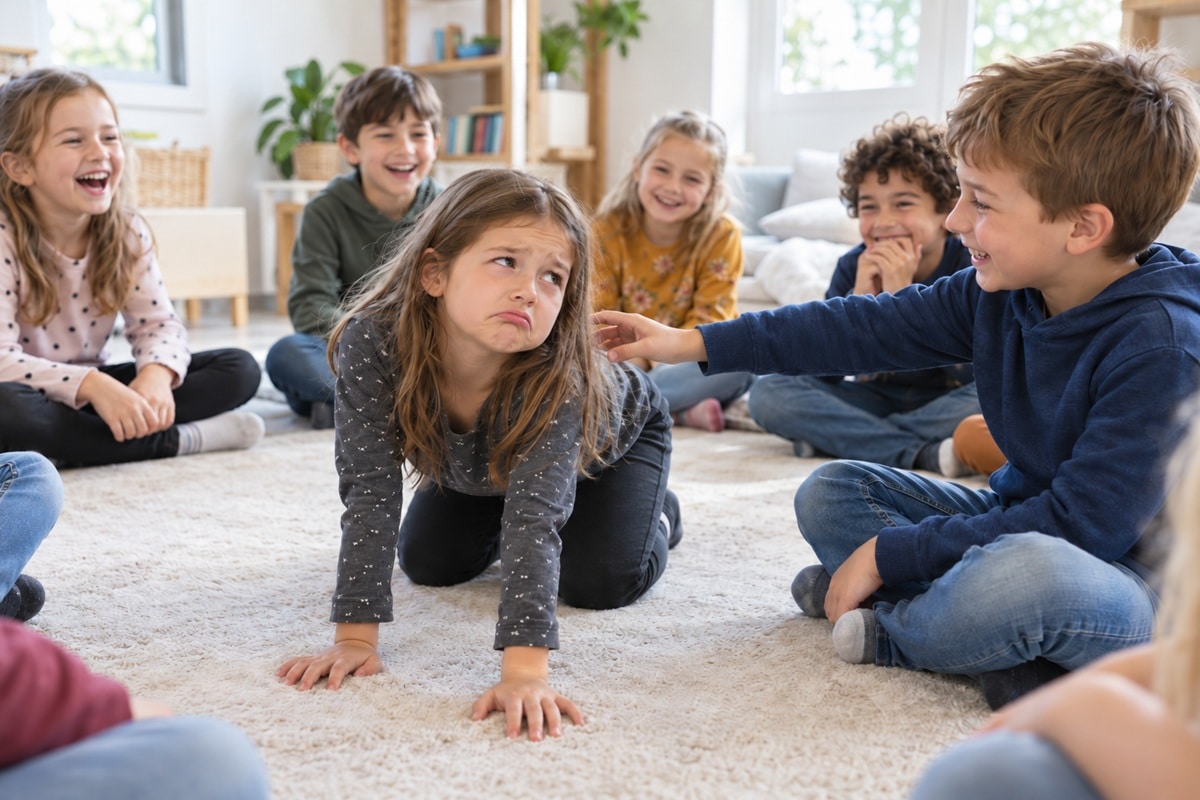 enfants jouant à une partie de pauvre petit chat malade