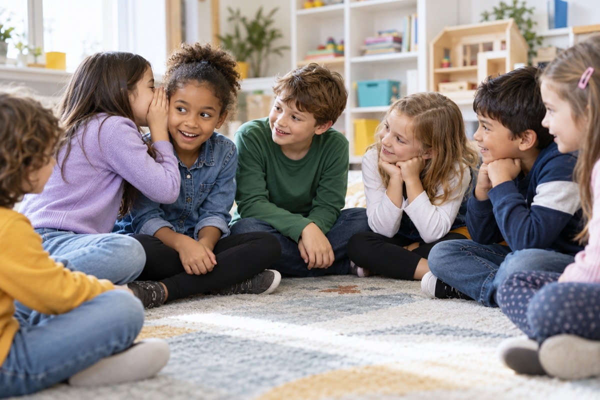 des enfants jouent une partie de téléphone arabe