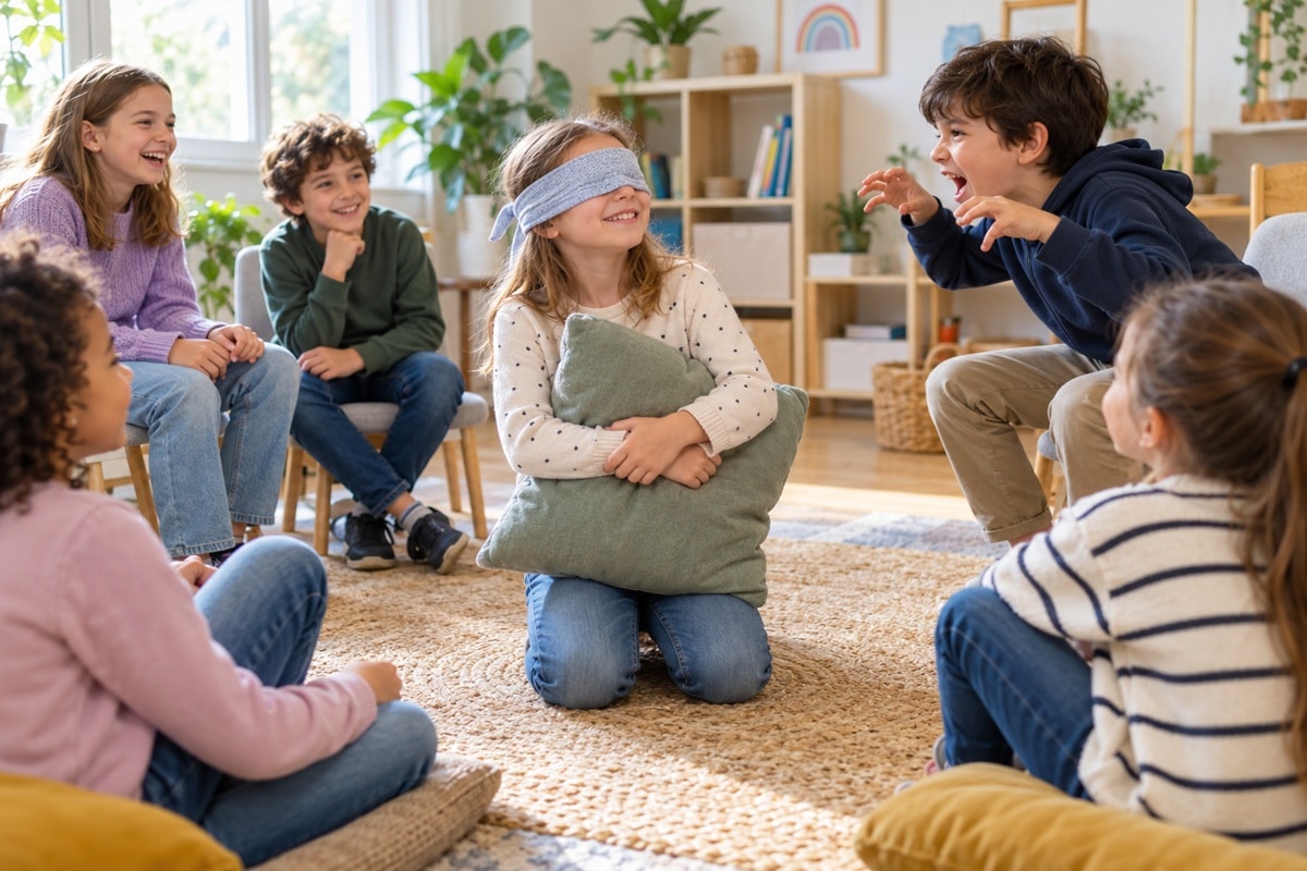 enfants jouant au jeu du coussin