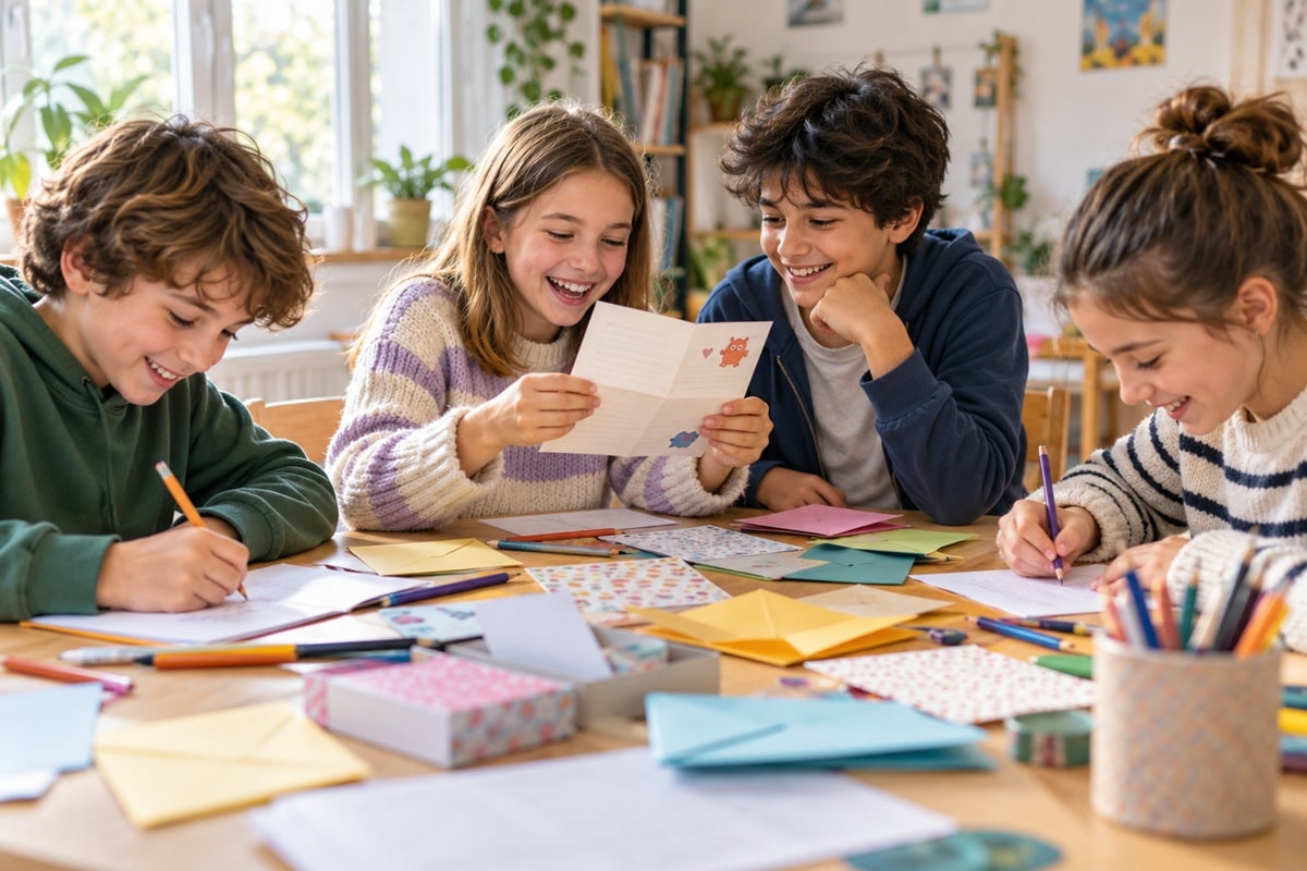 enfants participant à un jeu d'écriture loufoque