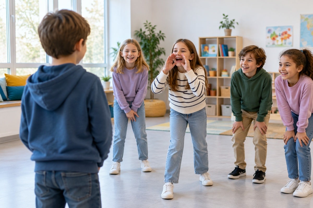 groupe d'enfants jouant au jeu de l'écho