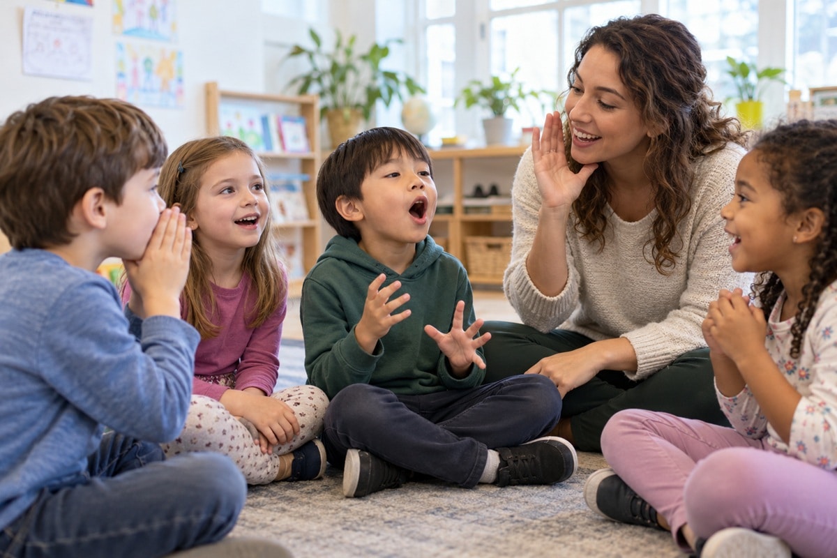 de jeunes enfants participent à un jeu de maîtrise vocale