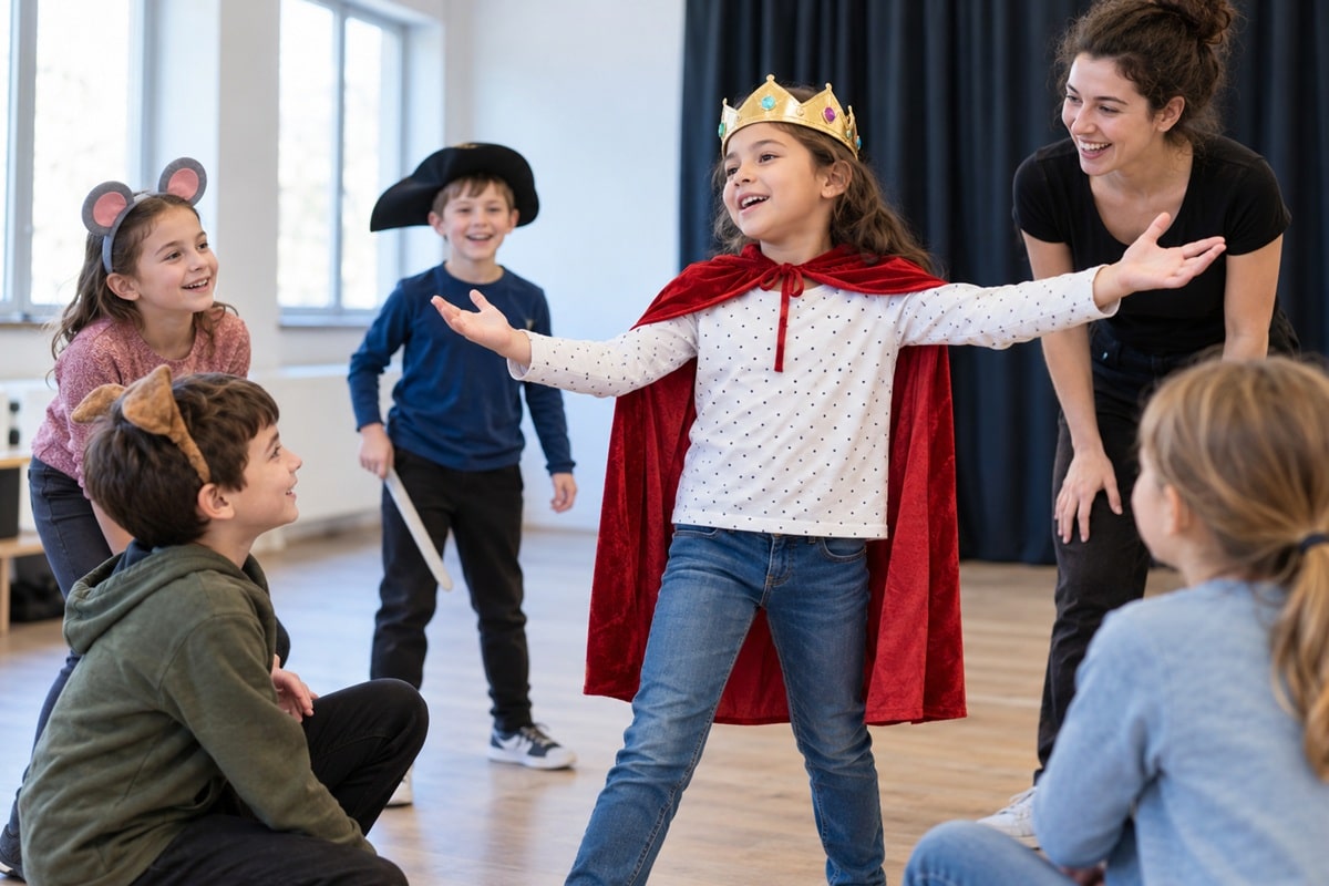 des enfants participent à un atelier de théâtre sur la confiance en soi