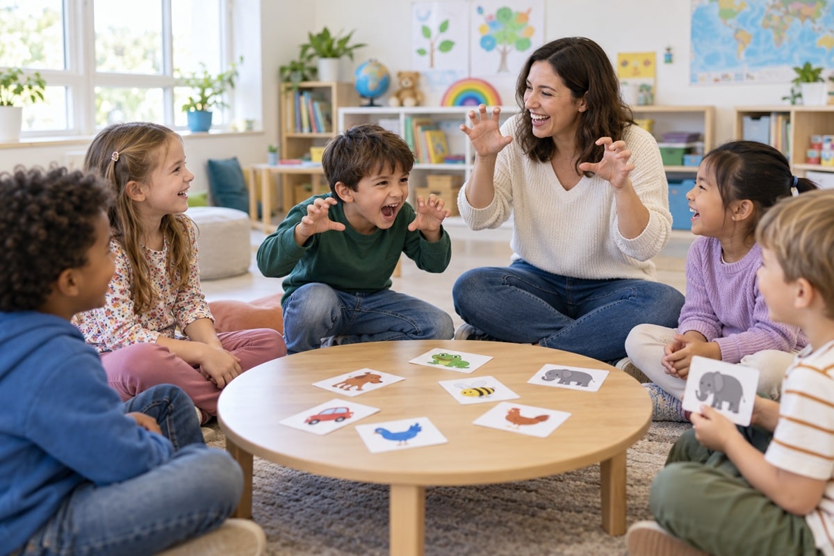 des enfants participent à un jeu d'onomatopée