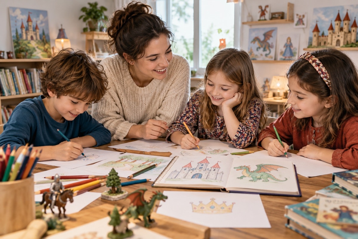une animatrice accompagne des enfants pour créer un conte