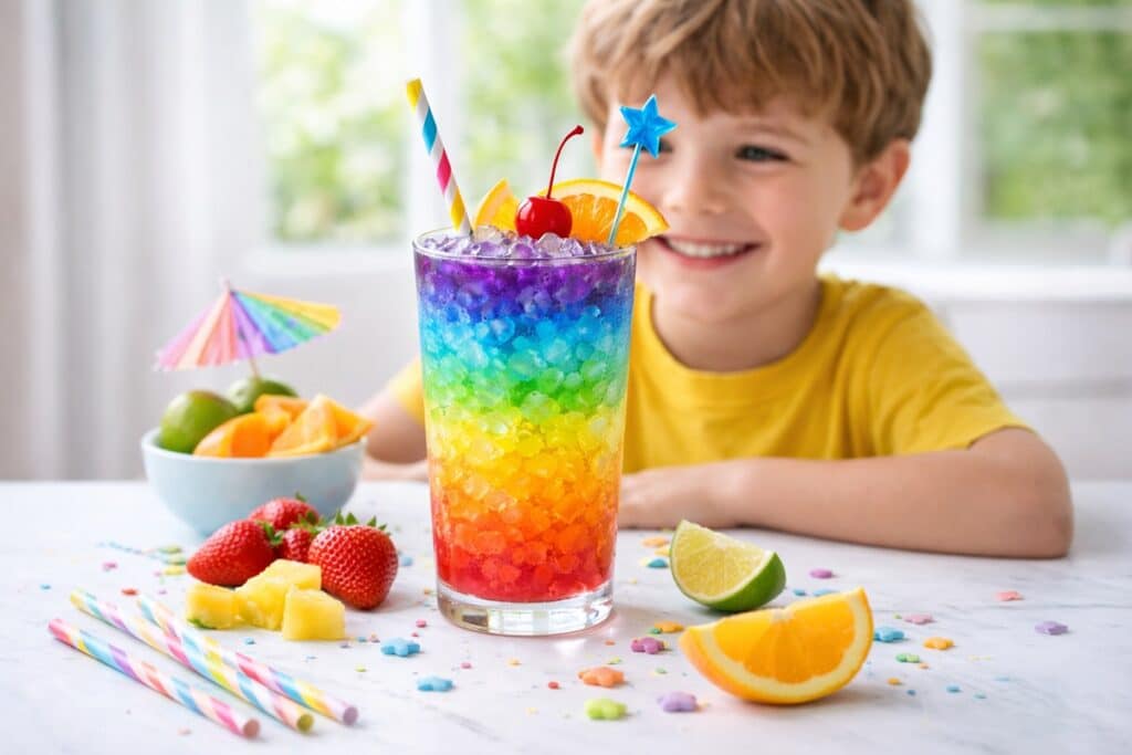 Cocktail arc-en-ciel et sourire d'enfant