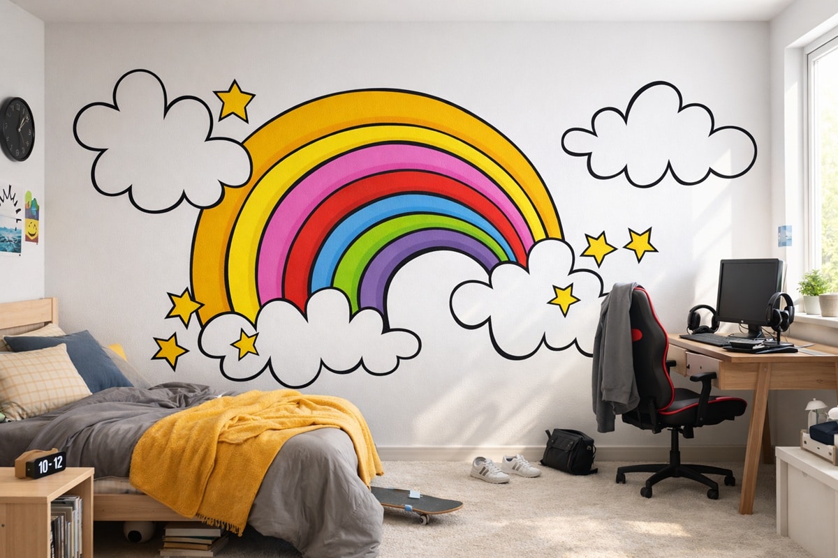 chambre d'ado avec un arc-en-ciel peint sur un mur