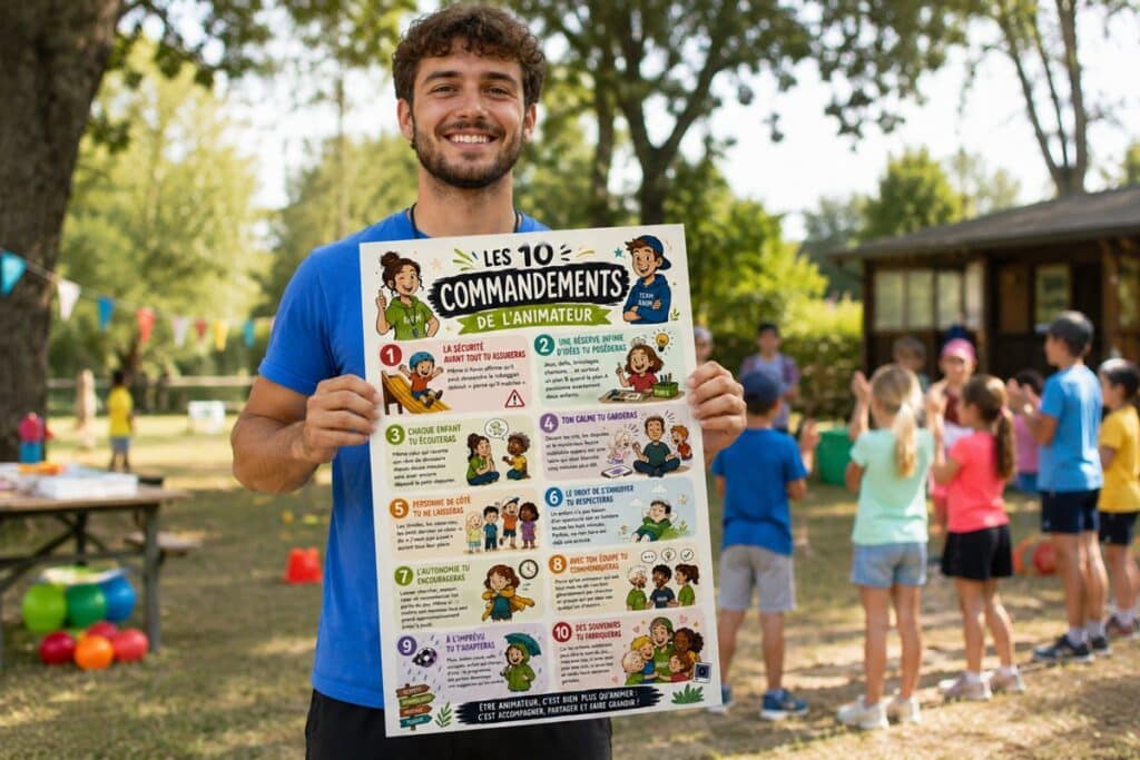 un animateur posant fièrement avec une affiche des 10 commandements de l'animateur