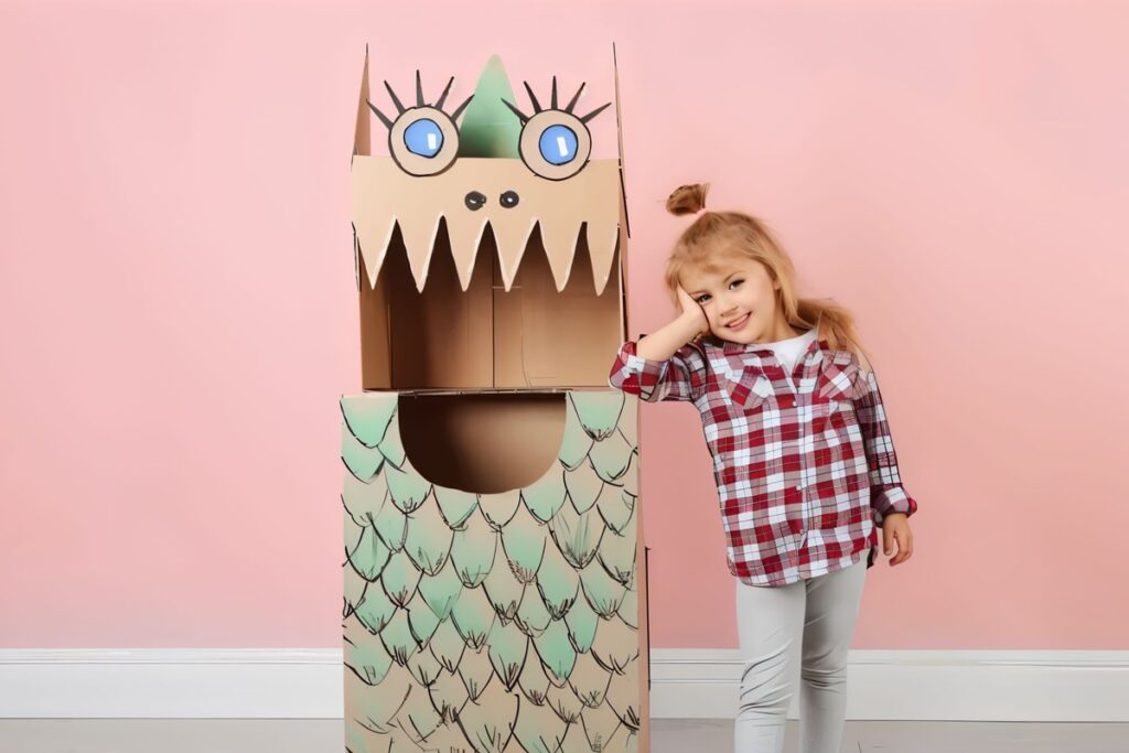 enfant près d'un costume de dragon en carton