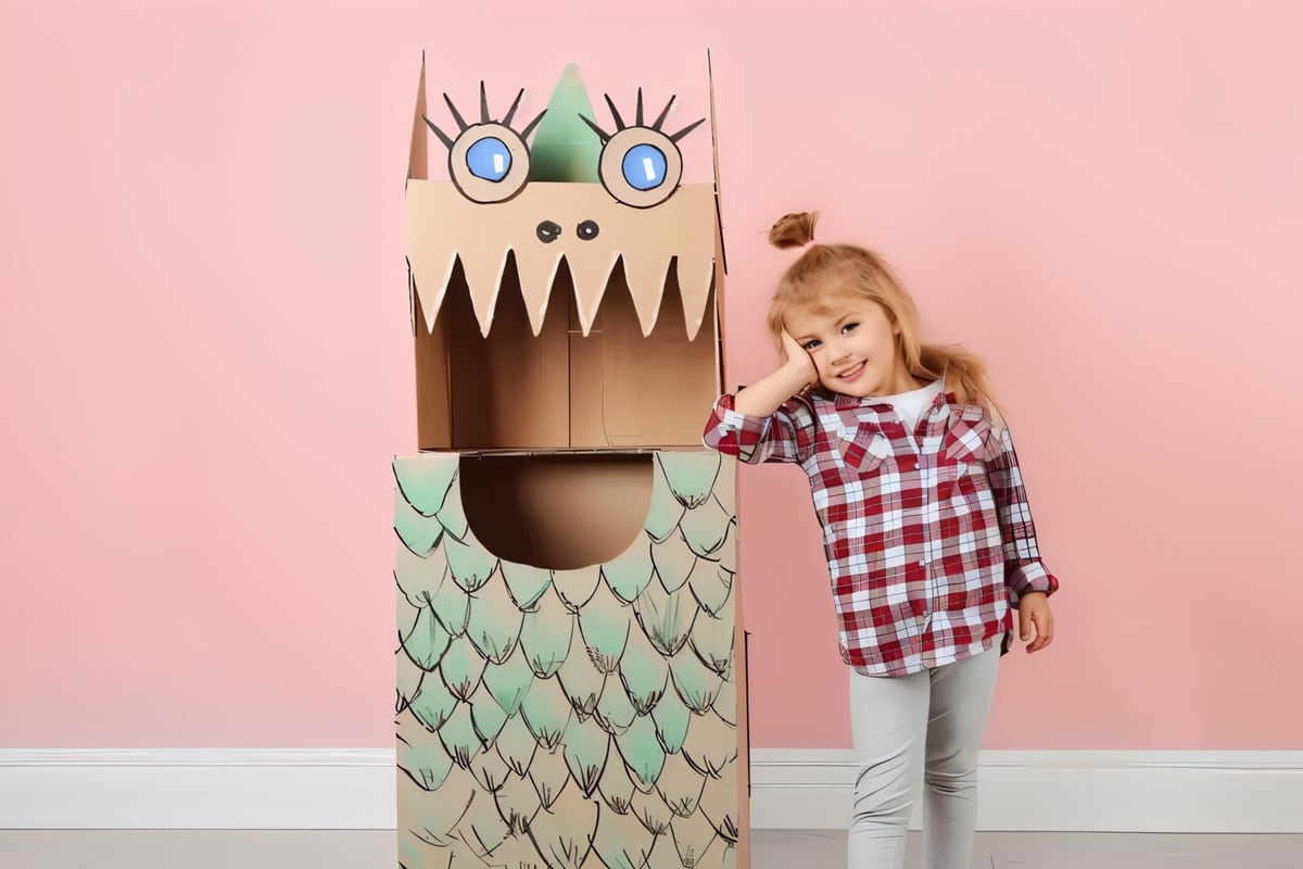 enfant près d'un costume de dragon en carton