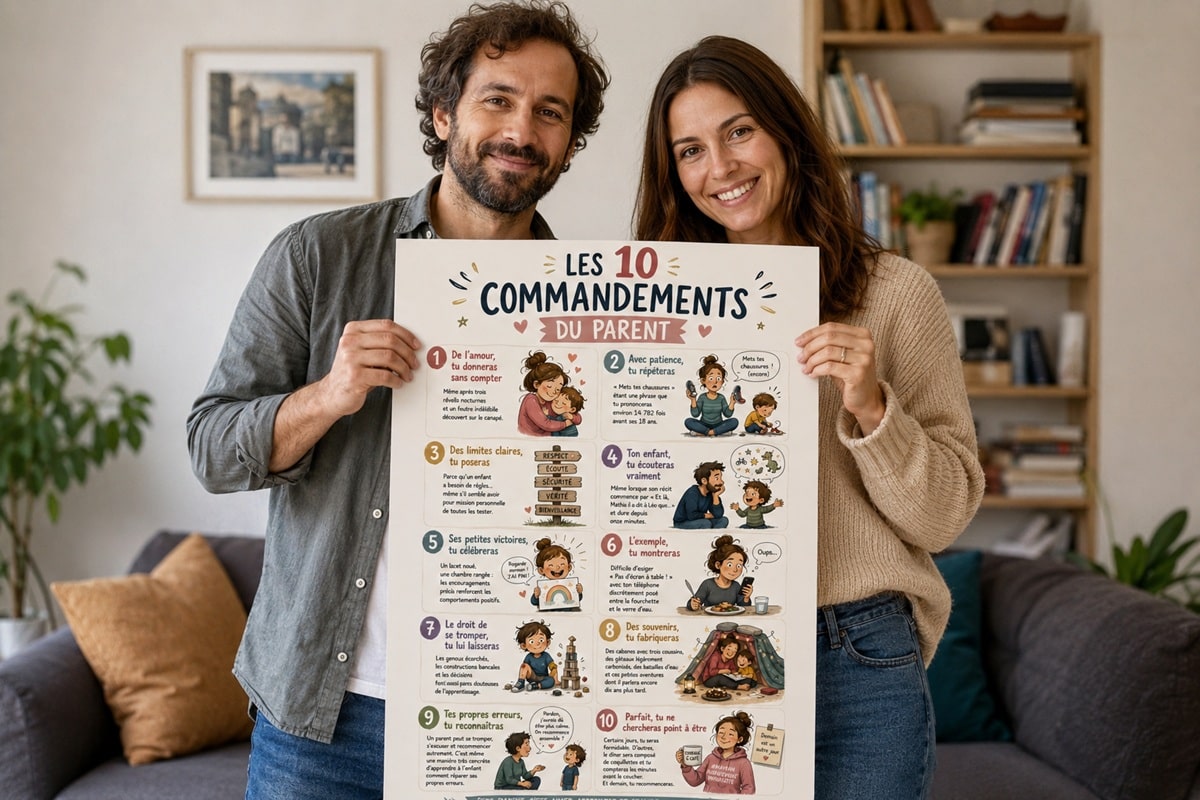 deux parents tenant une affiche des 10 commandements du parent