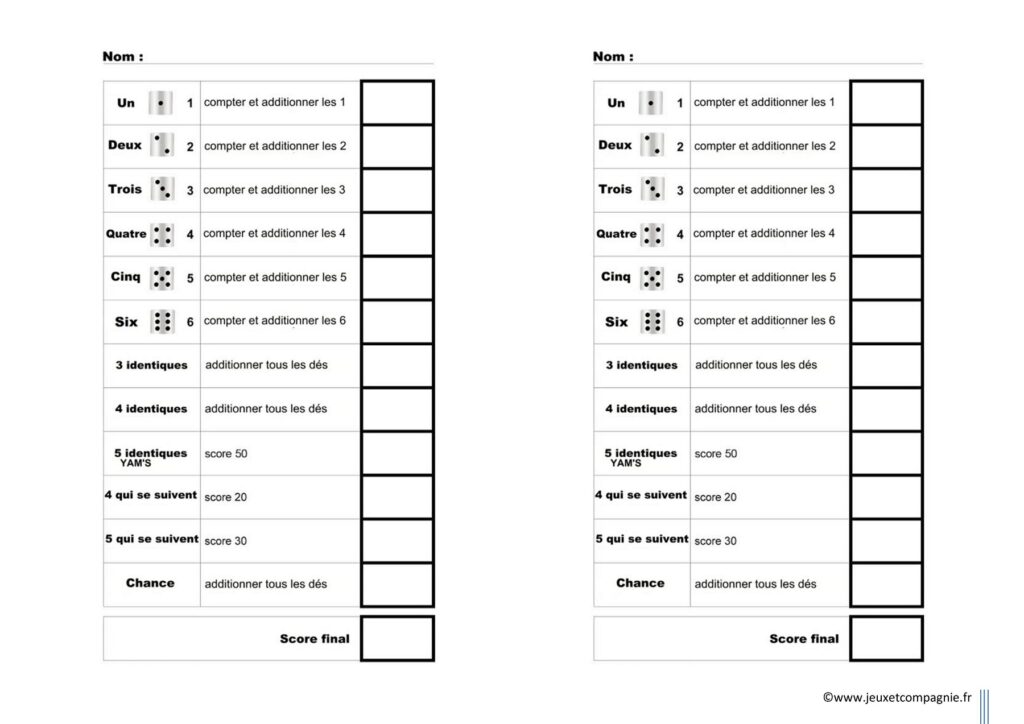 fiche score yams enfant