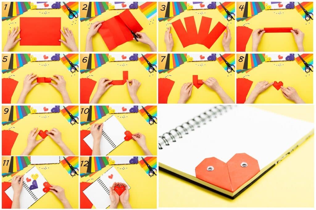 étapes marque page coeur origami