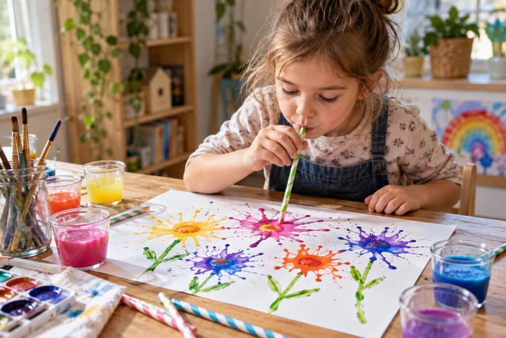 Atelier créatif de fleurs soufflées avec peinture