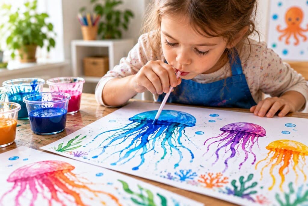 Création de méduses en aquarelle avec une paille
