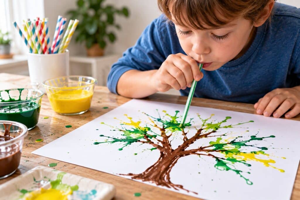 Peinture soufflée l’arbre coloré d’un enfant