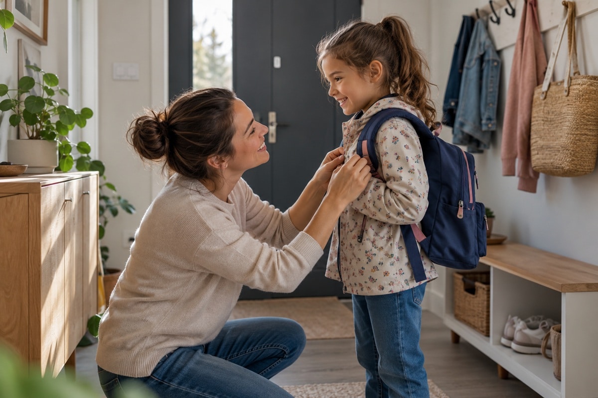 Une maman aide sa fille à se préparer avant de partir à l’école