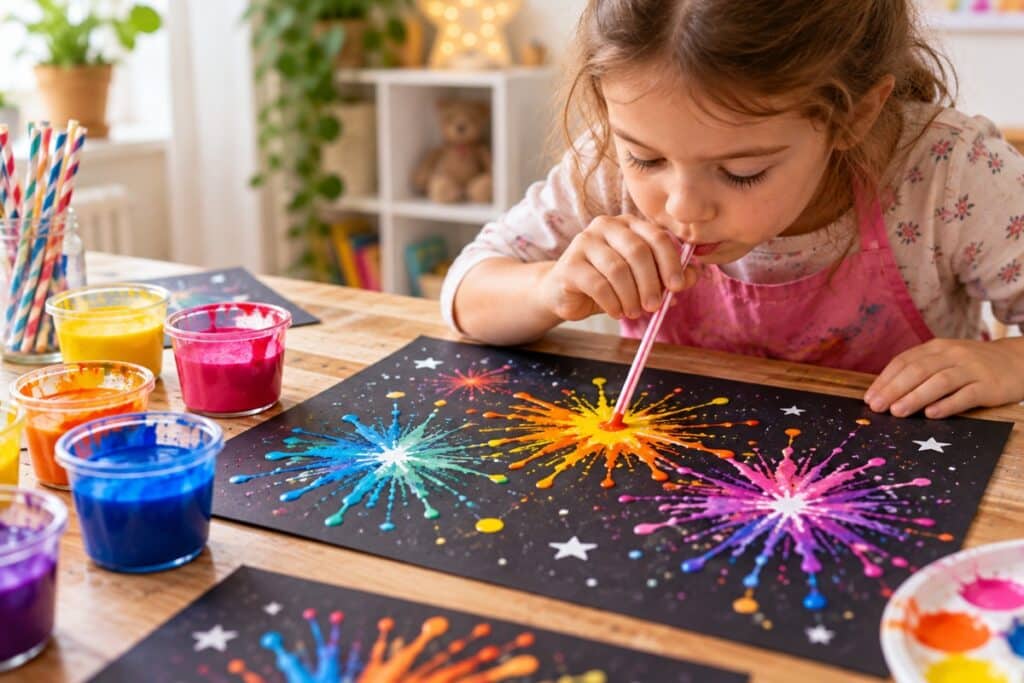 atelier peinture feu d'artifice avec paille
