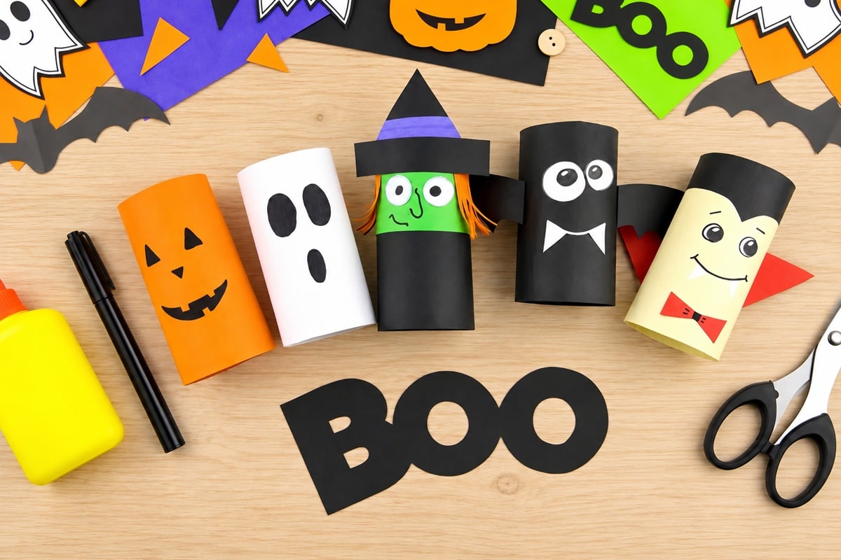 différents personnages d'Halloween en rouleaux de papier toilette