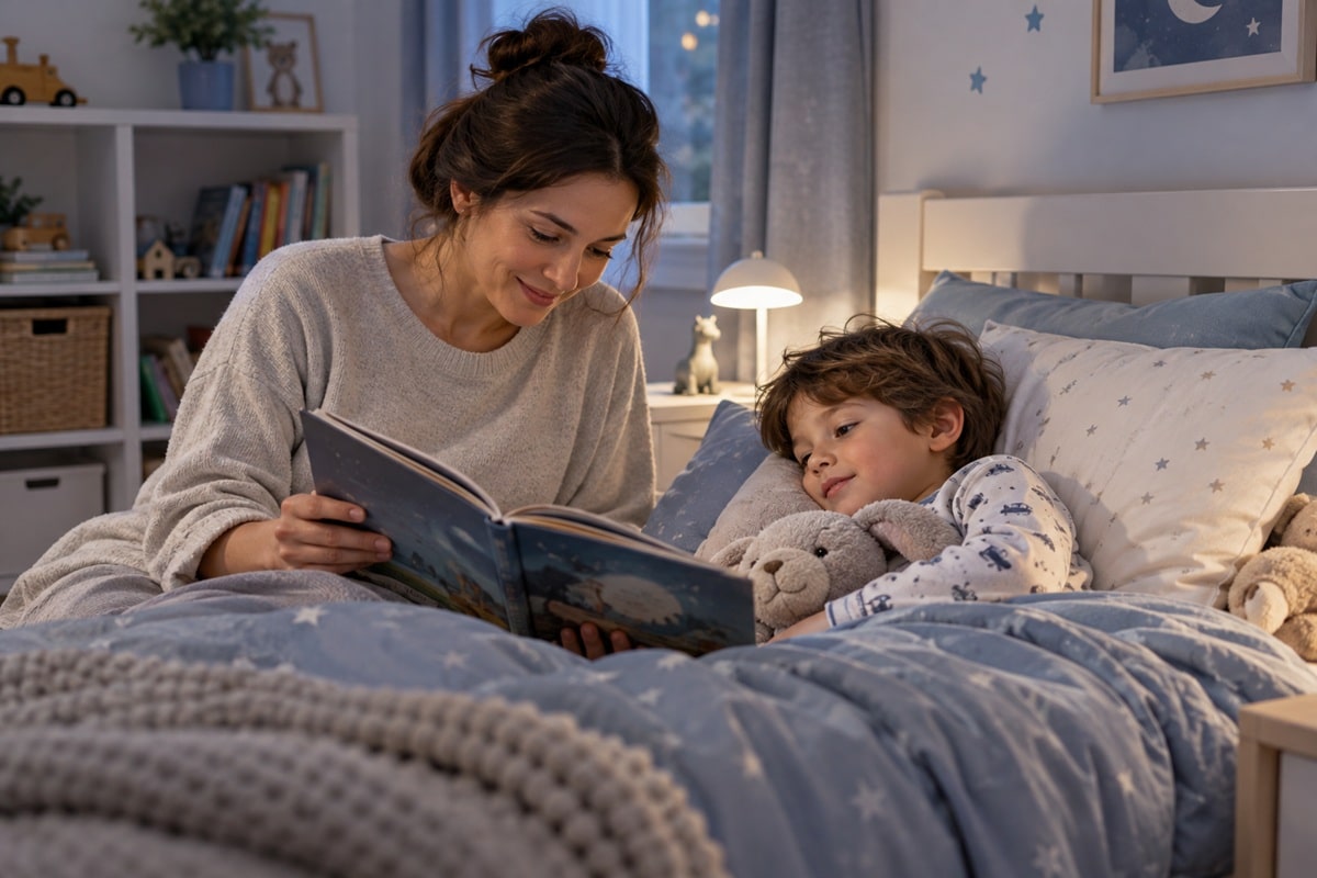 une maman lit une histoire à son enfant de 6 ans dans son lit
