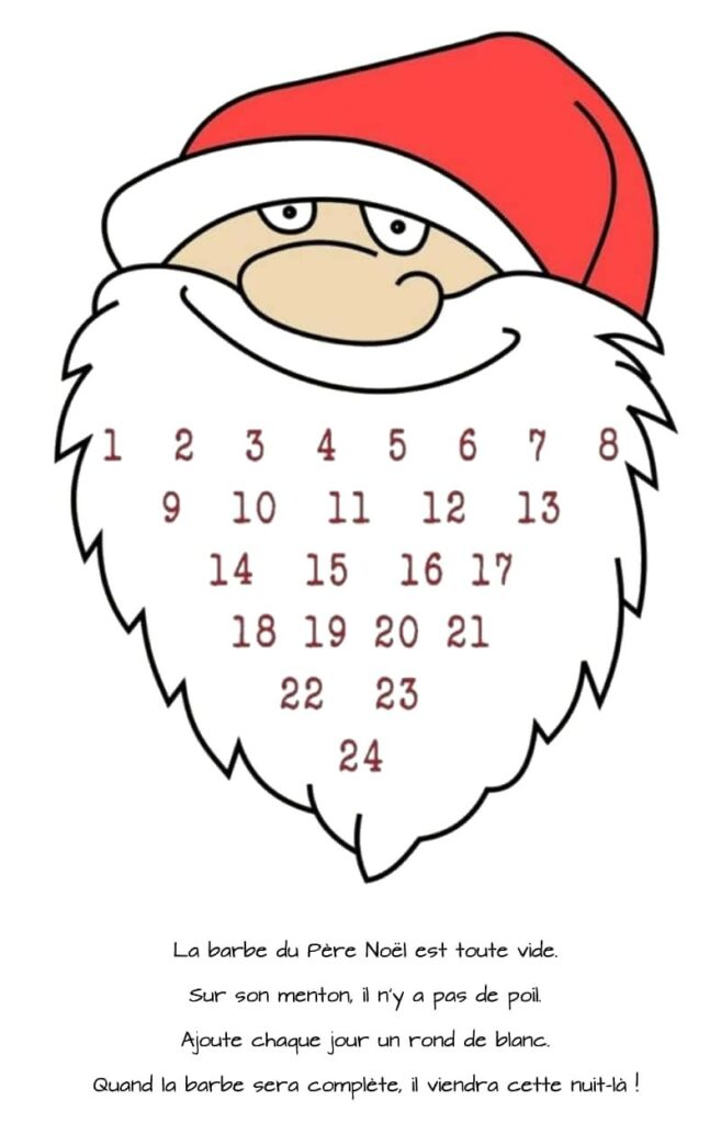 calendrier de l'avent barbe du père noël à imprimer