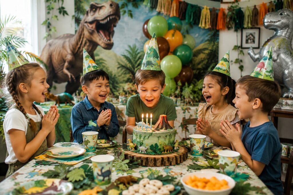 enfants à un anniversaire dinosaure