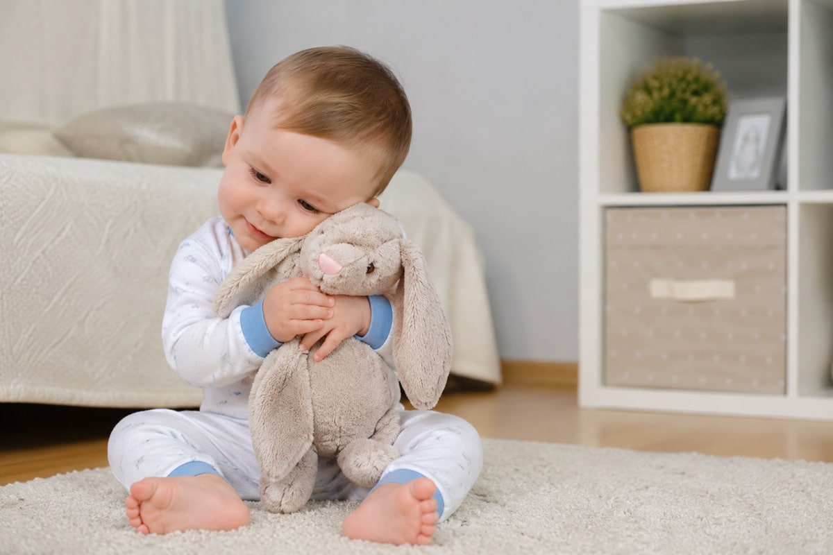 bébé avec un doudou lapin