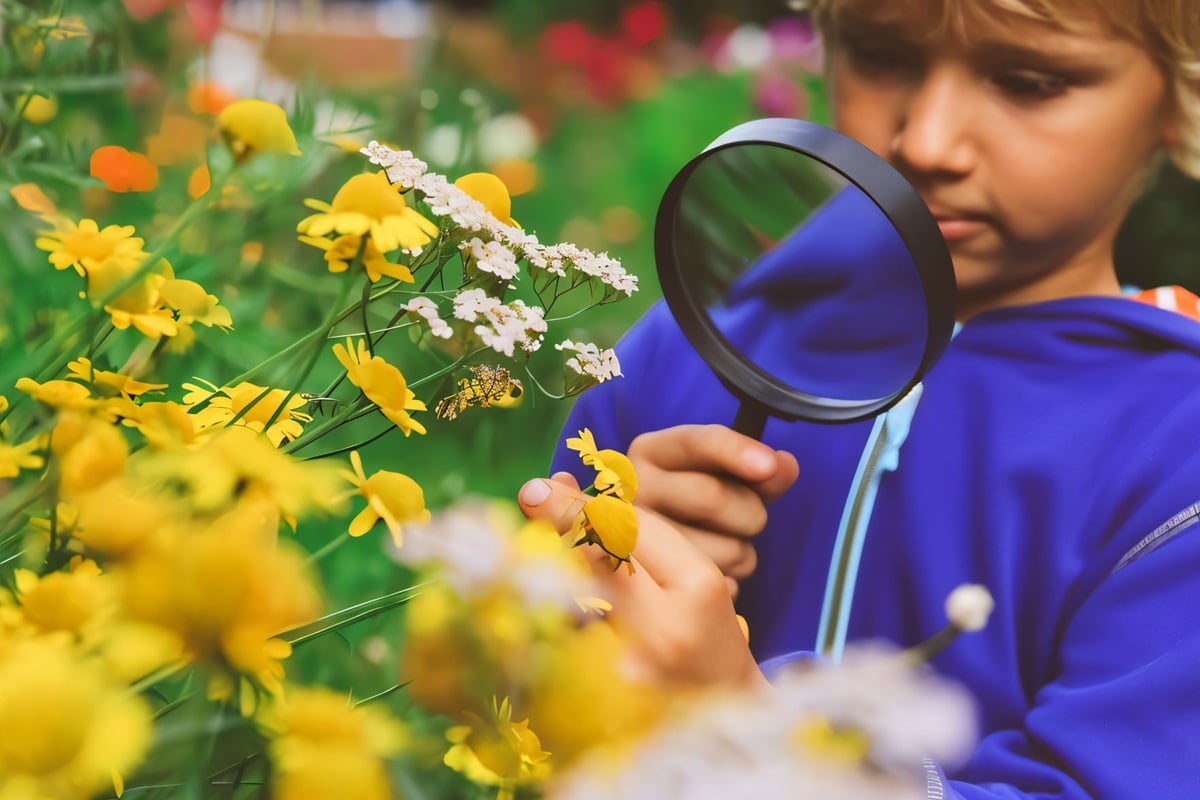 enfant qui observe la faune dans le jardin avec une loiupe