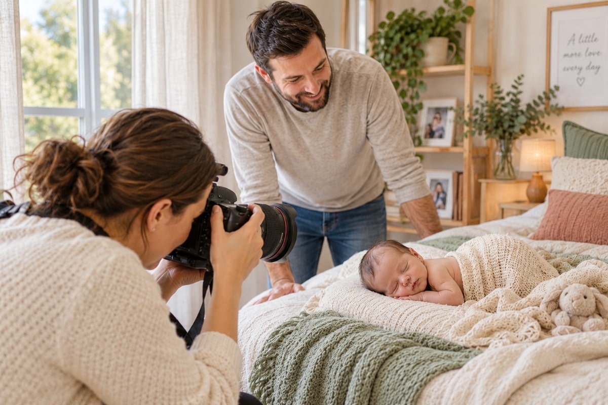 shooting photo professionnel d'un bébé posé sur un lit