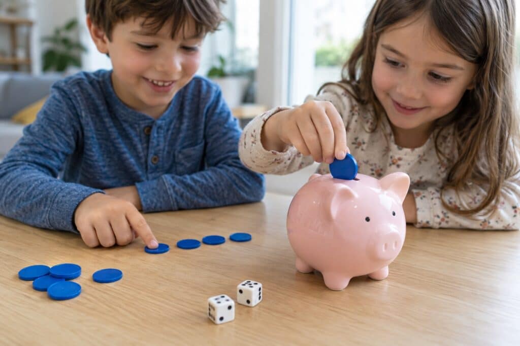 deux enfants jouent au jeu de la tirelire
