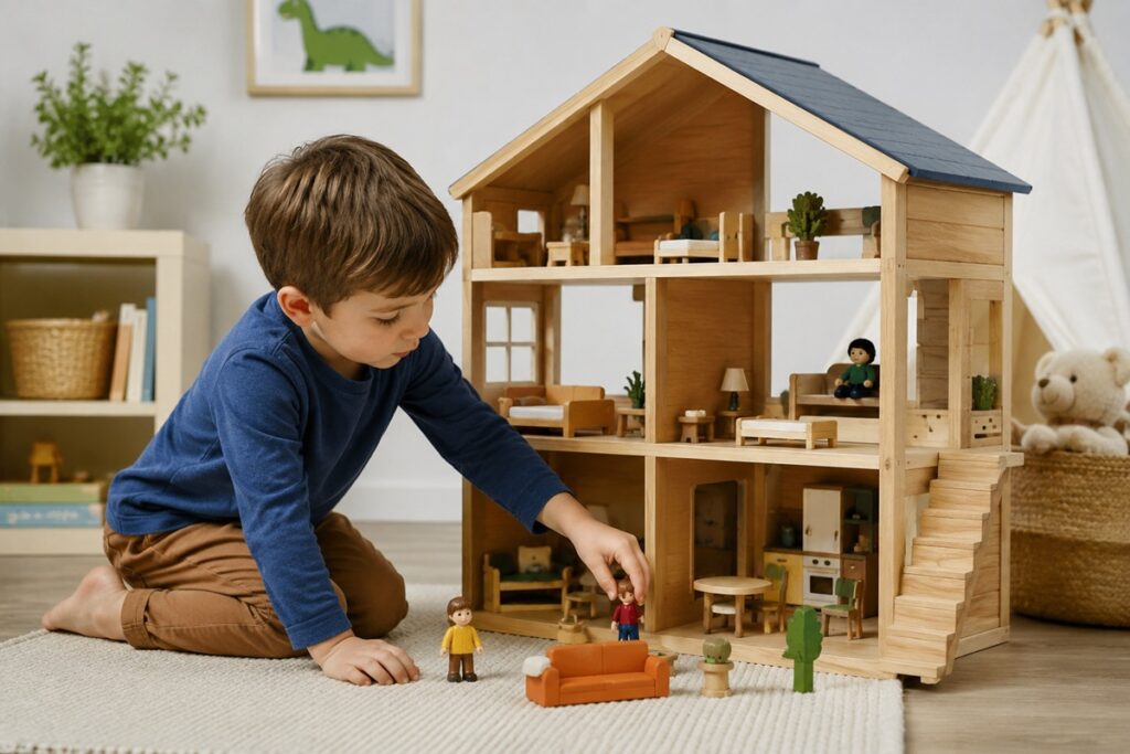 garçon jouant avec une maison de poupée en bois