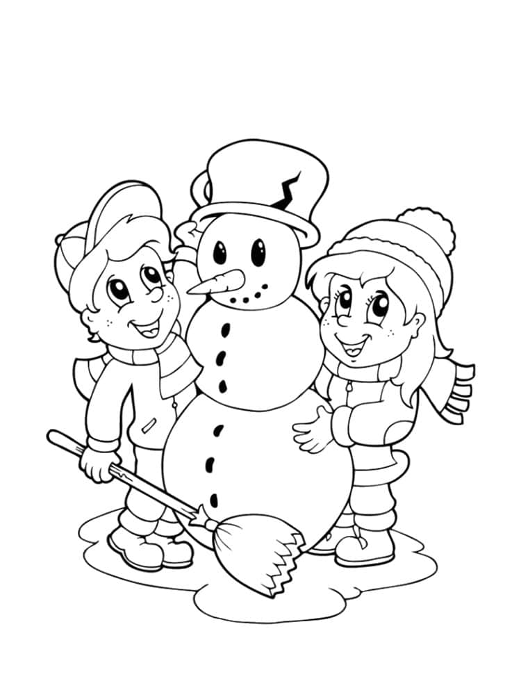coloriage bonhomme de neige et enfants
