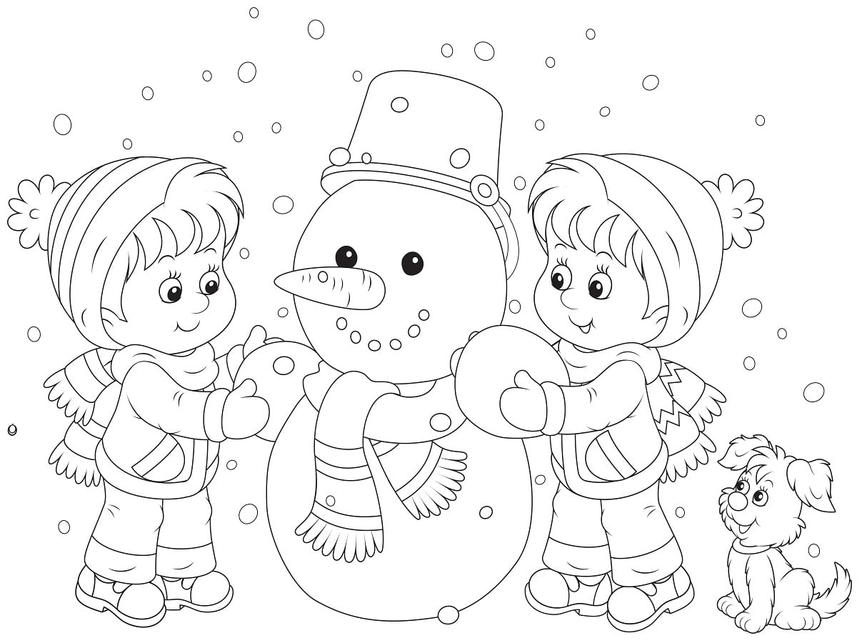coloriage enfants et bonhomme de neige