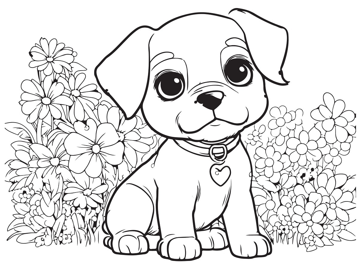 coloriage chien devant des fleurs