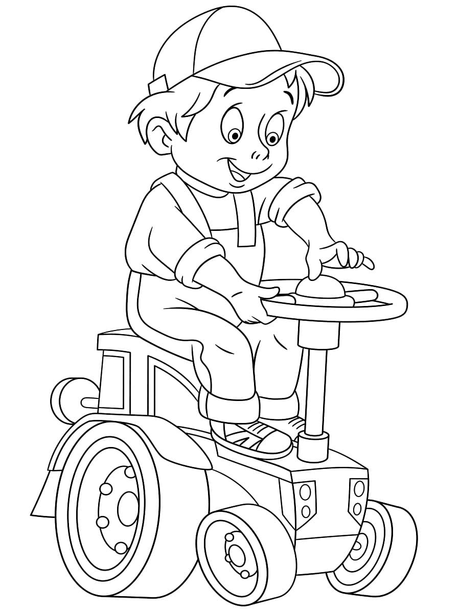 coloriage garçon sur tracteur