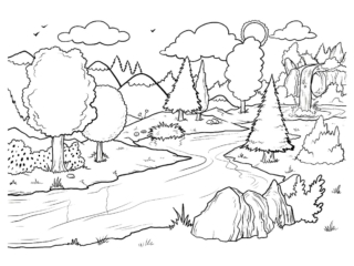 coloriage forêt (15) dessin rivière et arbres