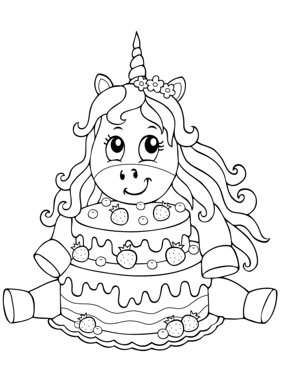 coloriage licorne gâteau anniversaire