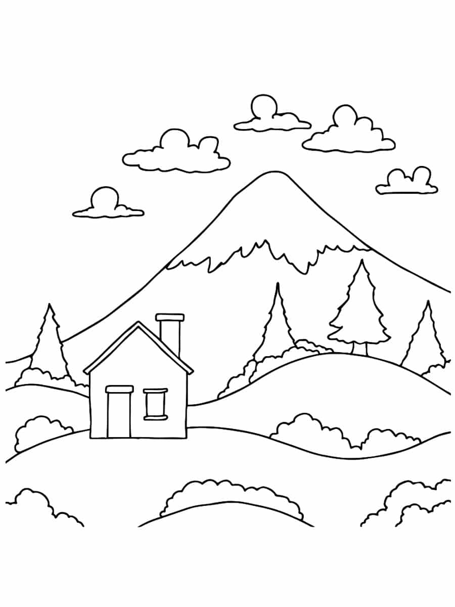 coloriage montagne avec maison