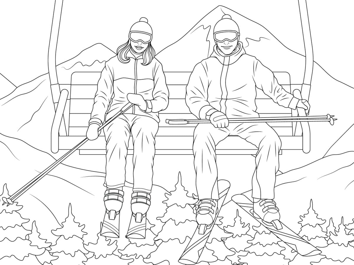 coloriage skieurs téléphérique montagne