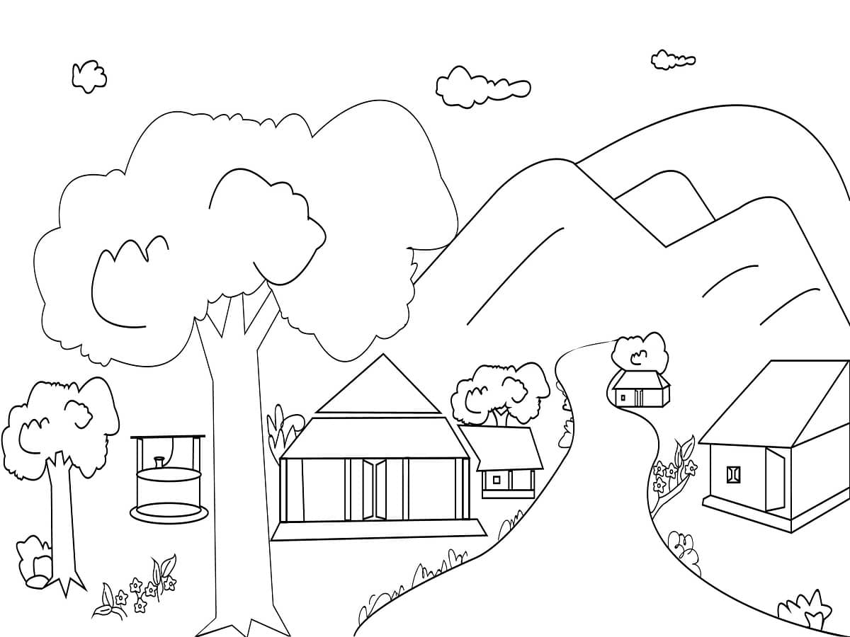coloriage maison arbres montagne