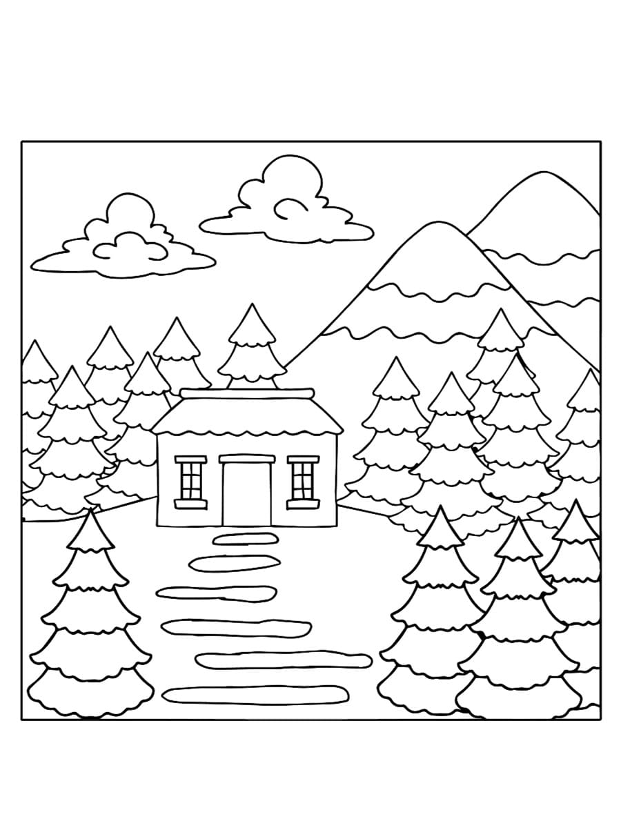 coloriage maison dans la montagne
