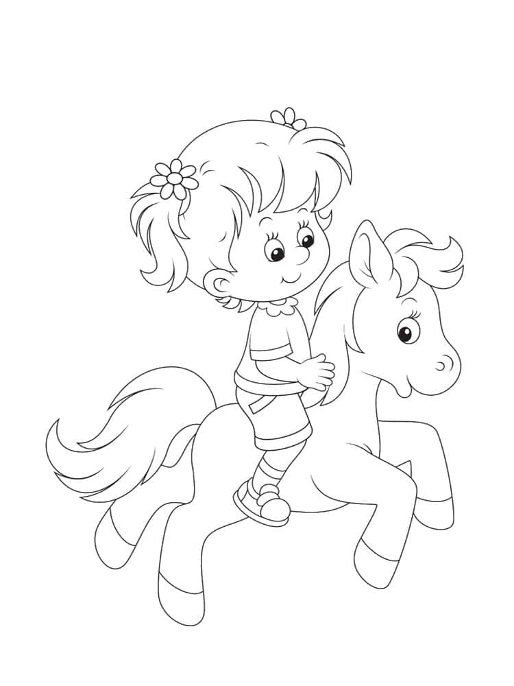coloriage fille sur un poney