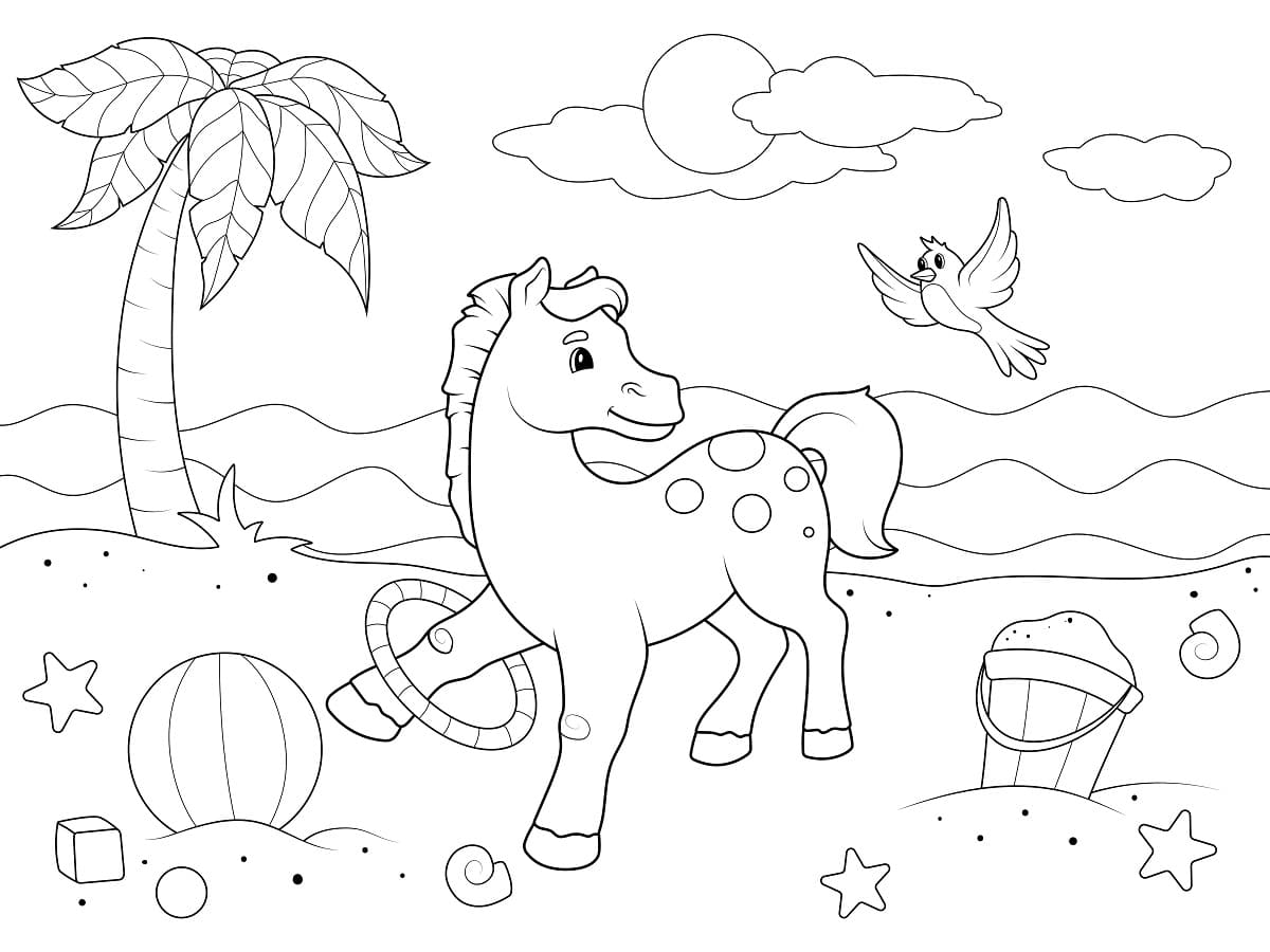 coloriage poney sur la plage