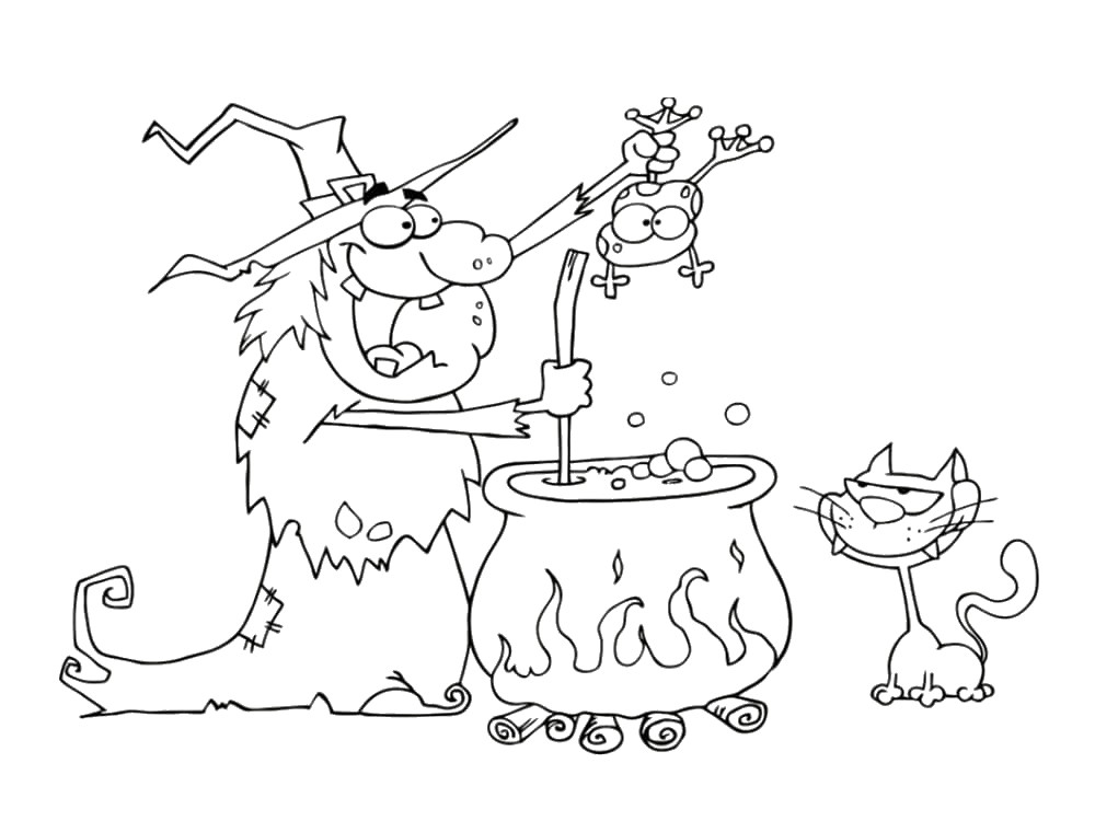 Coloriage Halloween avec modèle : Sorcière et son chaudron