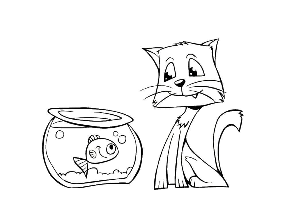 coloriage chat et bocal à poisson