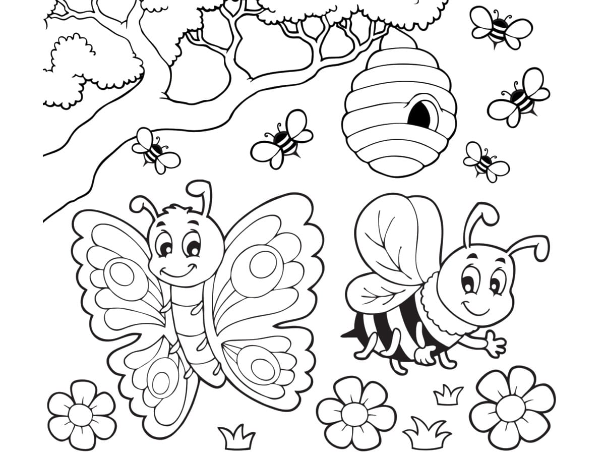 coloriage papillon et abeille