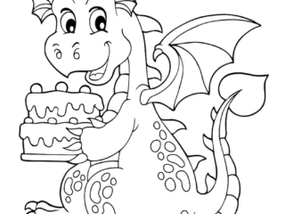 coloriage dragon et gateau d&#039;anniversaire