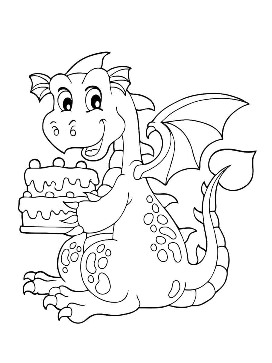 coloriage dragon et gateau d'anniversaire